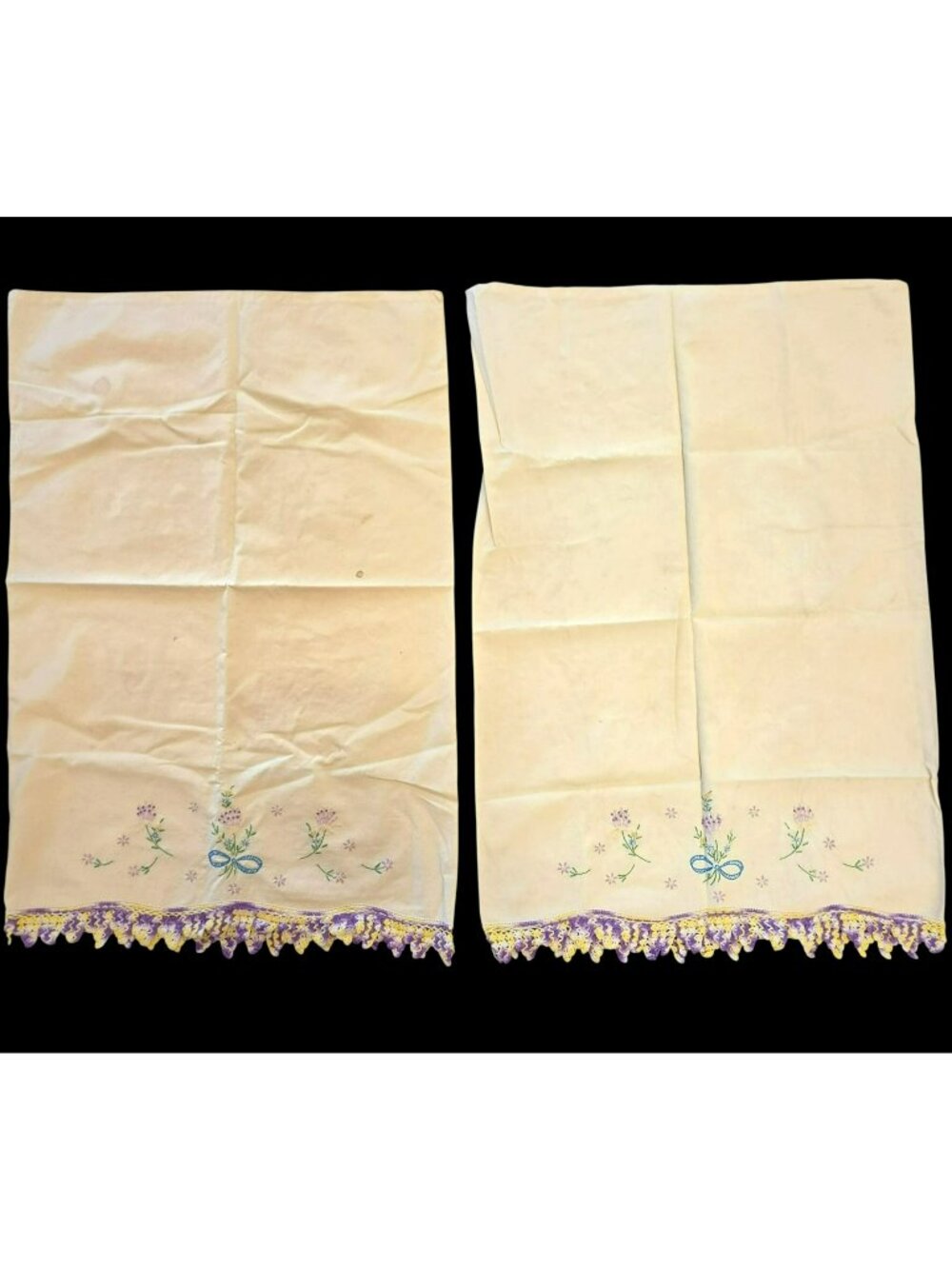 Vintage Set Hand-Embroidered Pillowcases w Crochet Lace Lavender Yellow Floral
